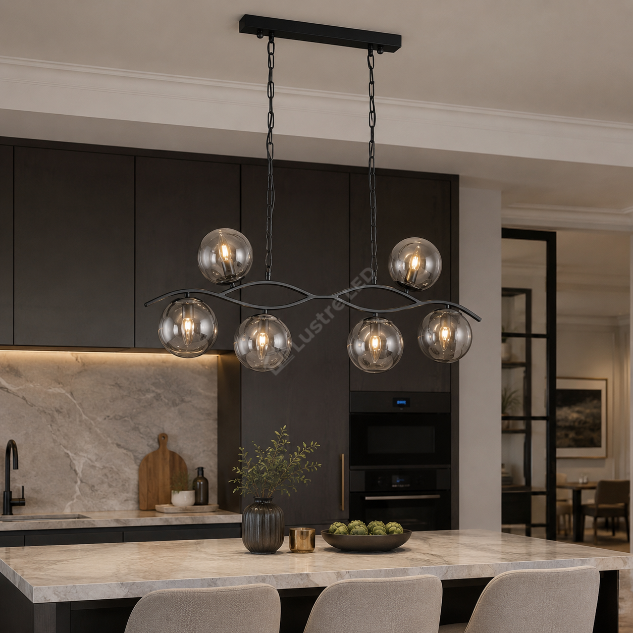 Lustra Liniara cu Abajur ONYX Black 6xE27 Sticla Fumurie 85CM
