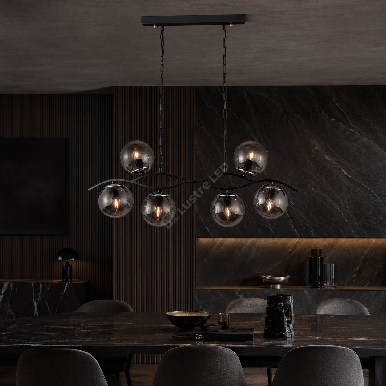 Lustra Liniara cu Abajur ONYX Black 6xE27 Sticla Fumurie 85CM