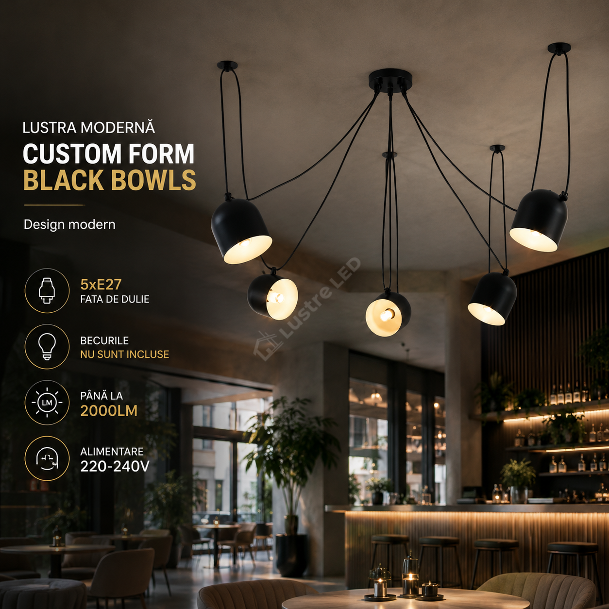 Lustra Moderna Custom Form Black Bowls 5xE27