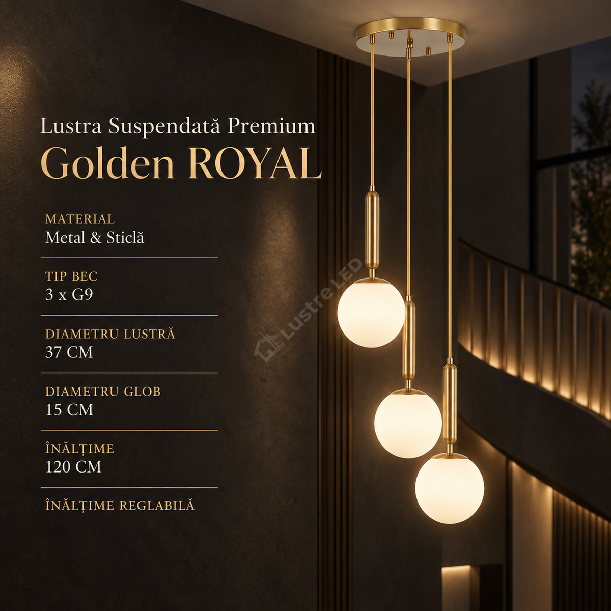 Lustra PREMIUM Abajur Mat Golden ROYAL BRASS 3xG9