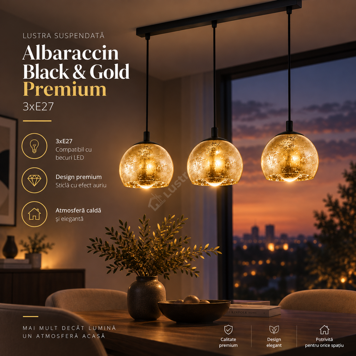 Lustra Suspendata Albaraccin Black & Gold 3xE27