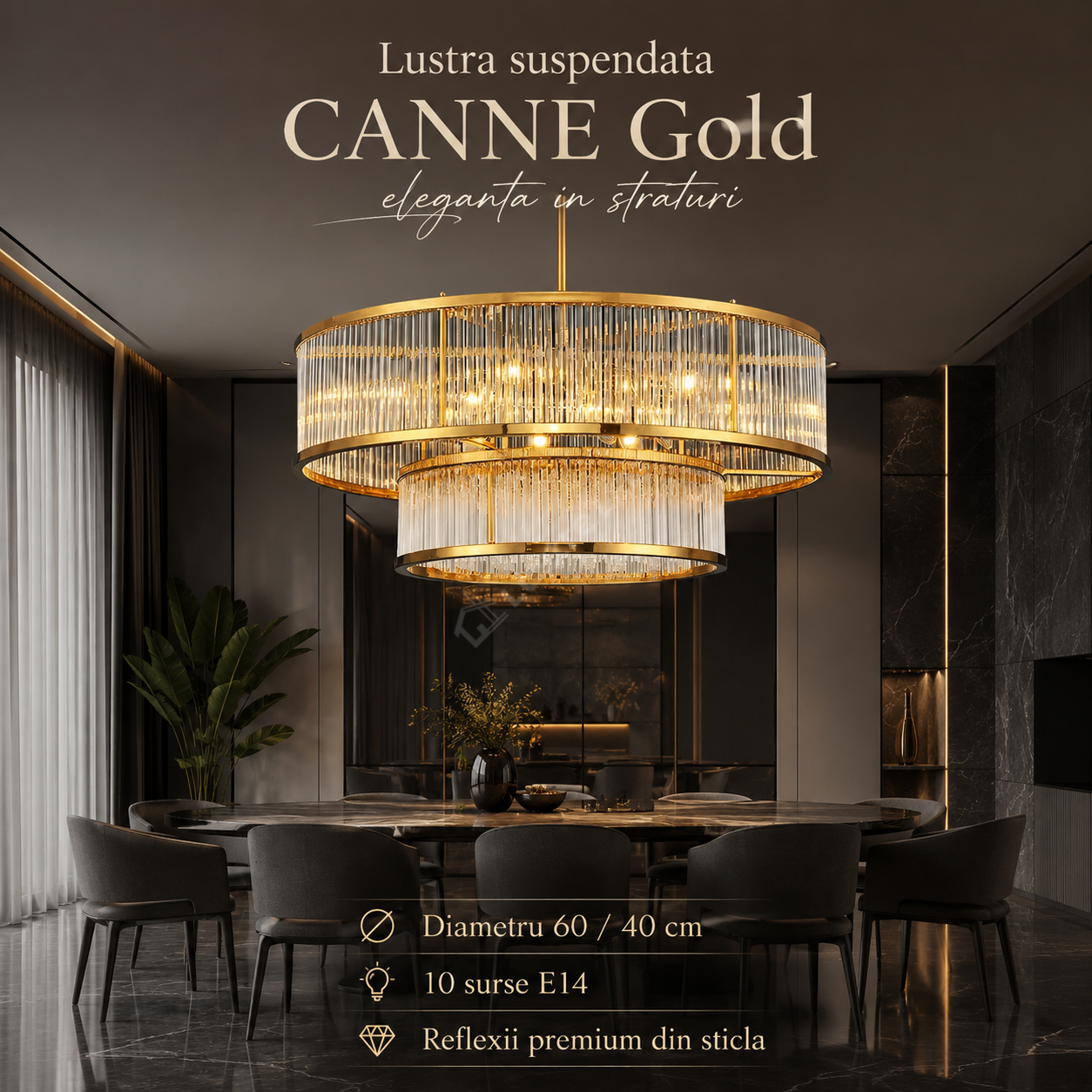 Lustra Suspendata CANNE Gold 2 Etaje 10xE14 Ø60CM