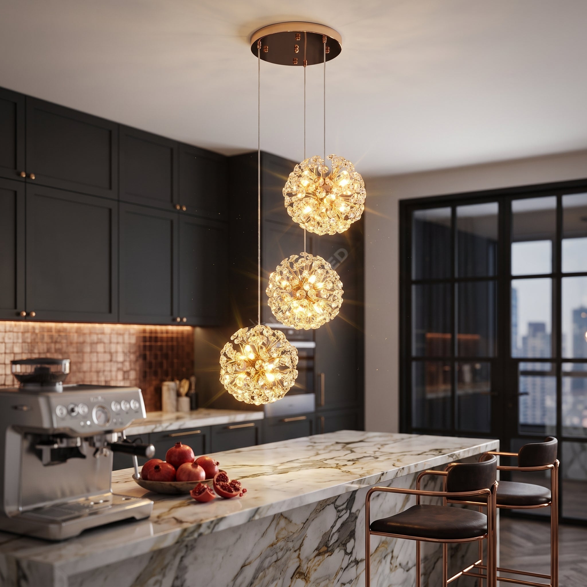 Lustra Suspendata Crystal Dandelion Gold cu 3 Pendule