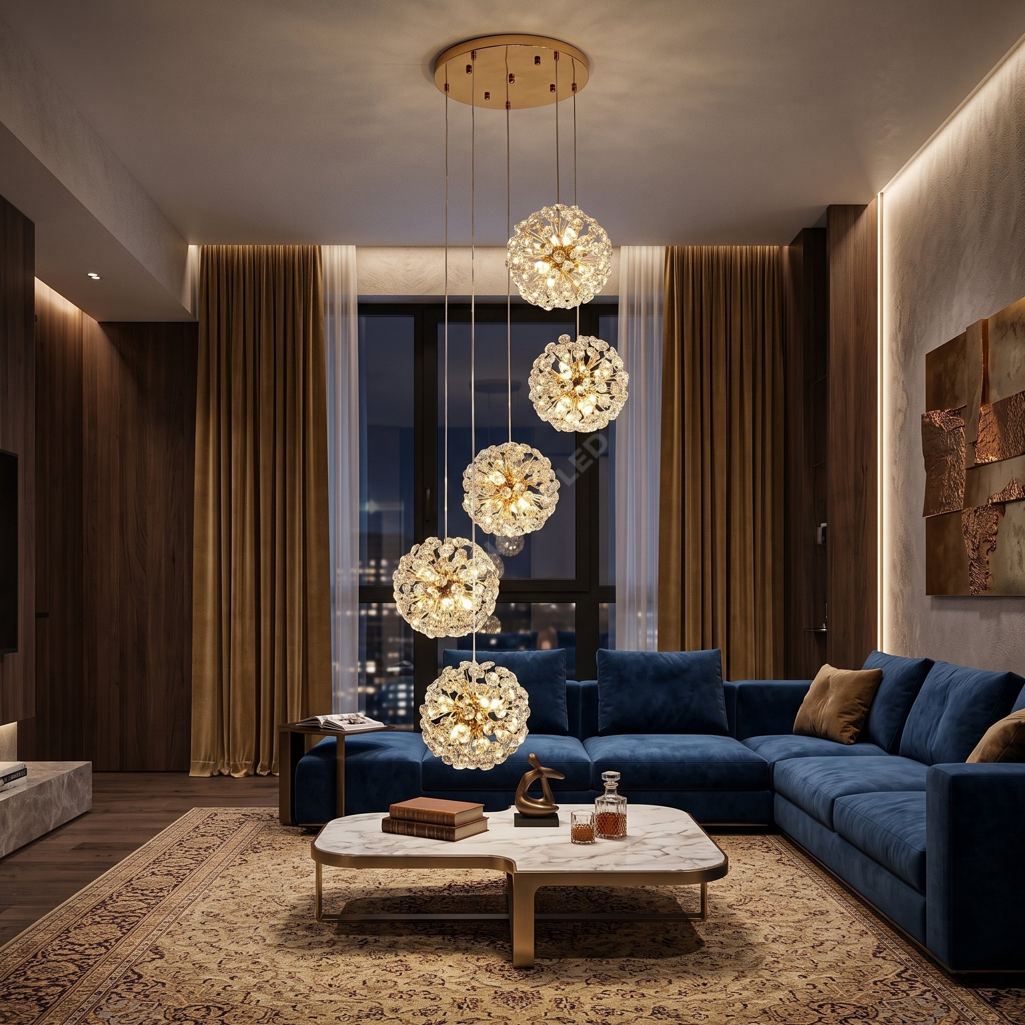Lustra Suspendata Crystal Dandelion Gold cu 5 Pendule