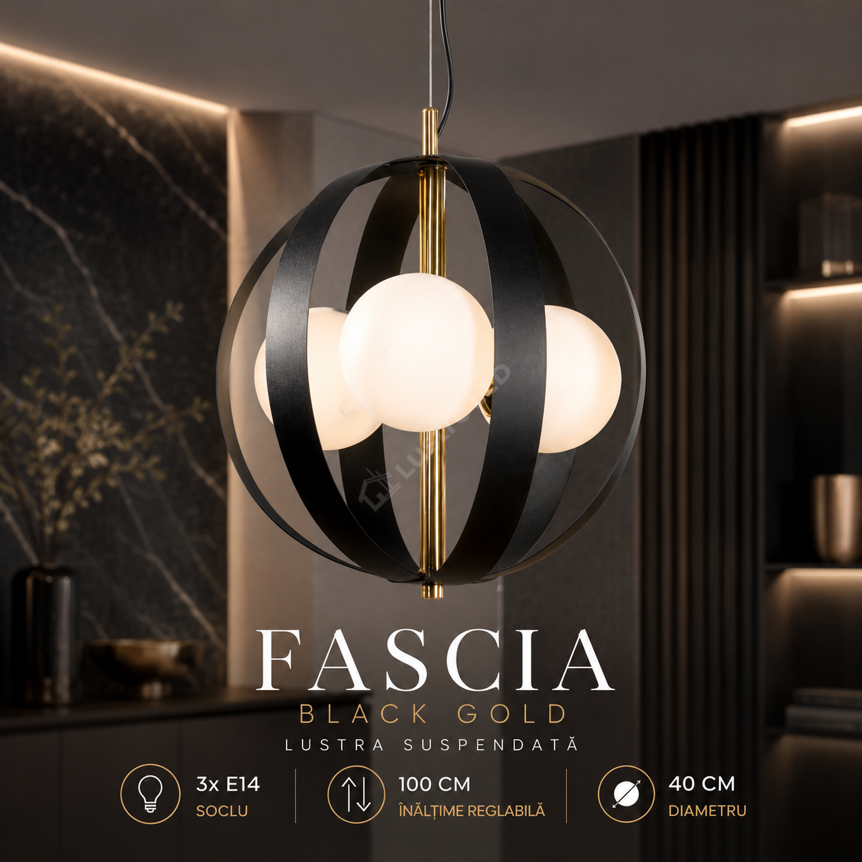 Lustra Suspendata FASCIA Black Gold Sferica 3xE14 40CM