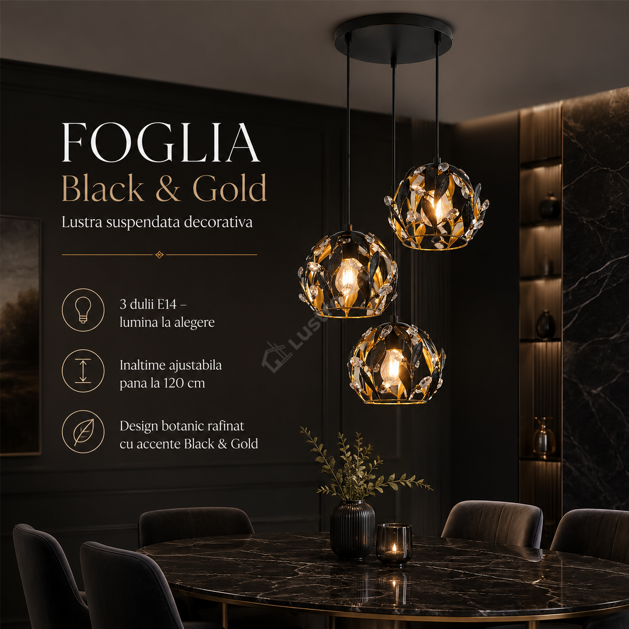 Lustra Suspendata FOGLIA Black & Gold 3xE14 40CM