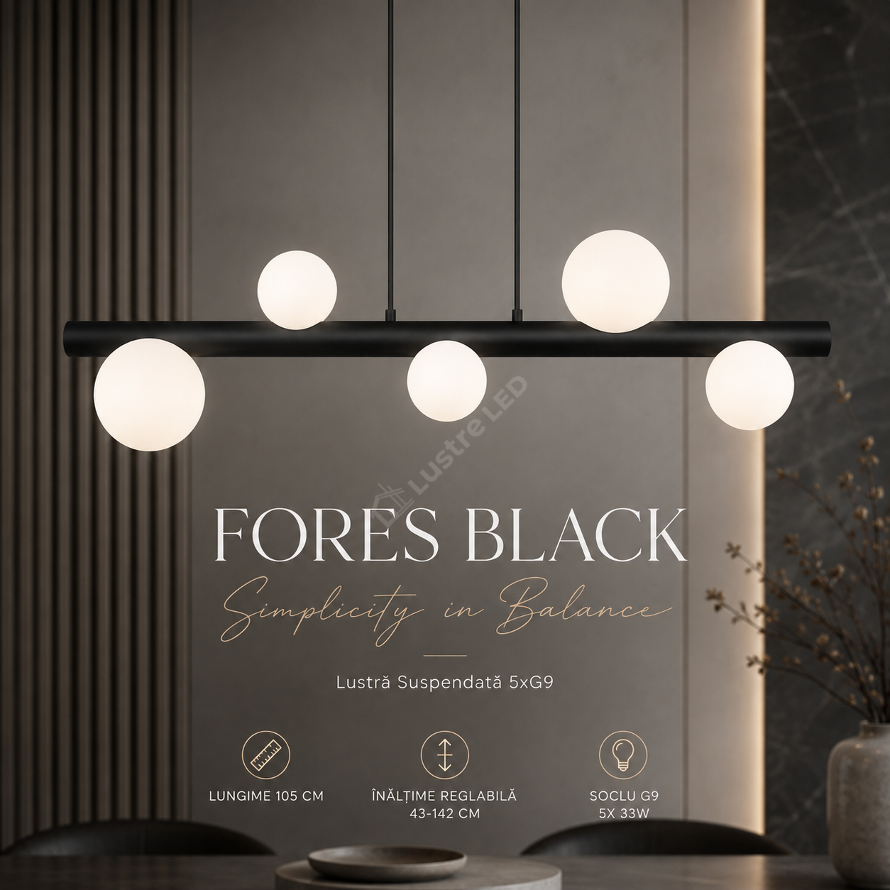 Lustra Suspendata FORES Liniara Black cu Abajur 5xG9 105CM