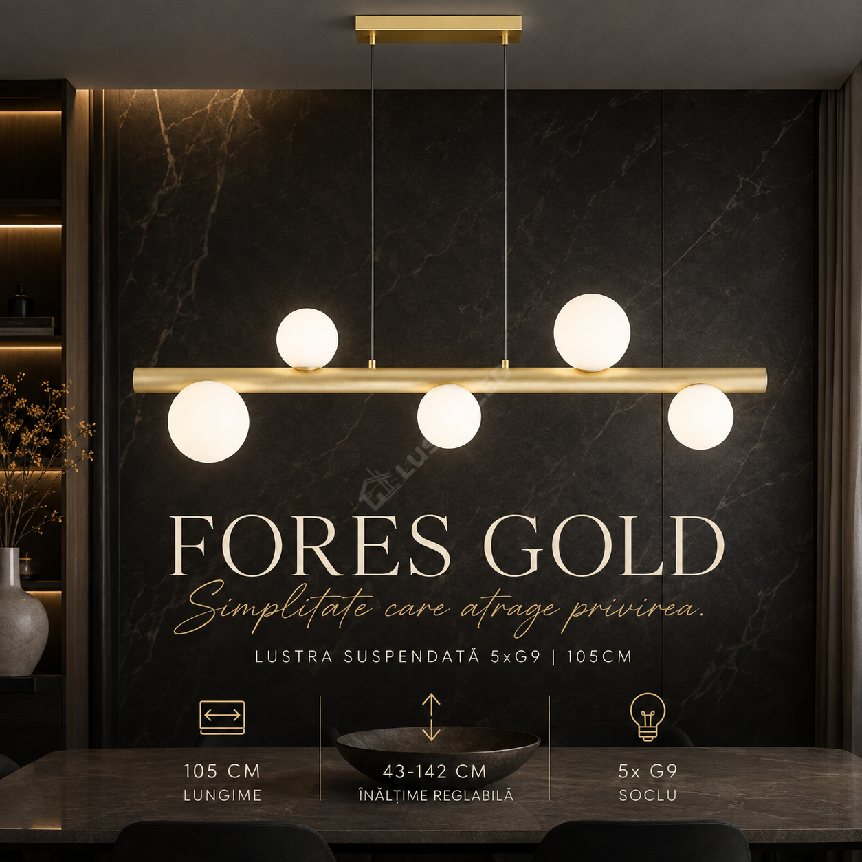 Lustra Suspendata FORES Liniara Gold cu Abajur 5xG9 105CM