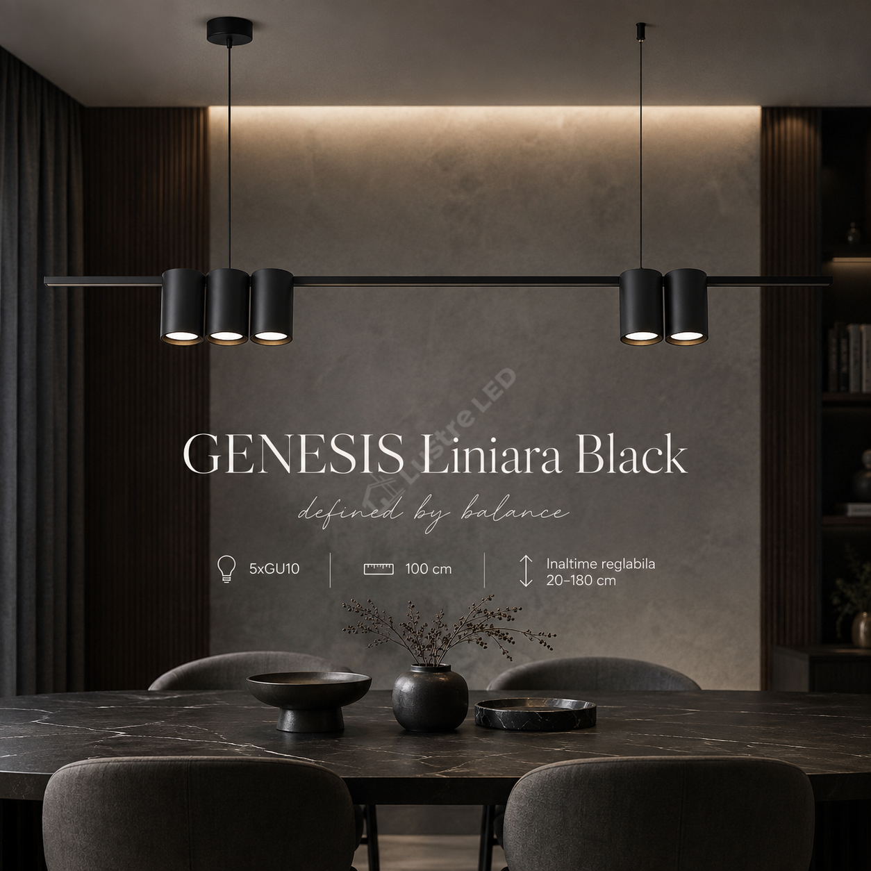Lustra Suspendata GENESIS Liniara Black 5 Spoturi 100CM