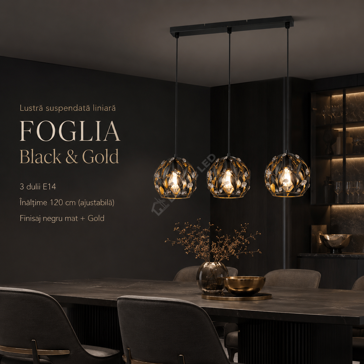 Lustra Suspendata Liniara FOGLIA Black&Gold 3xE14 65CM