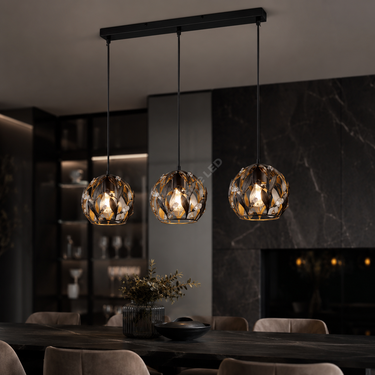 Lustra Suspendata Liniara FOGLIA Black&Gold 3xE14 65CM