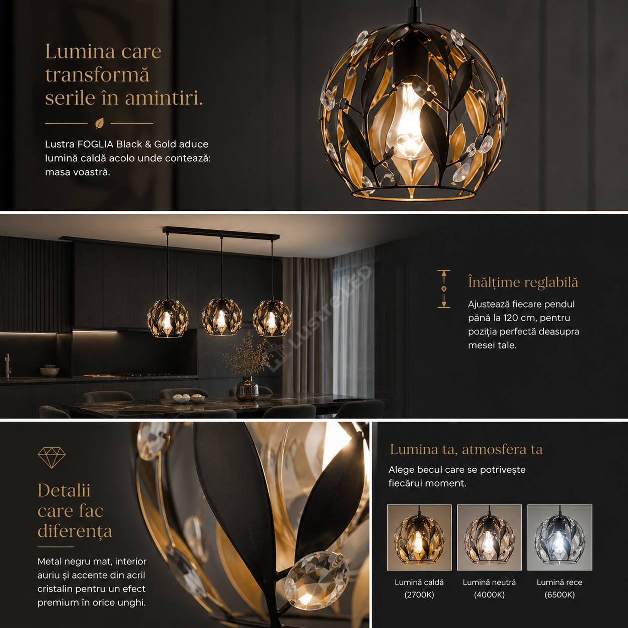 Lustra Suspendata Liniara FOGLIA Black&Gold 3xE14 65CM