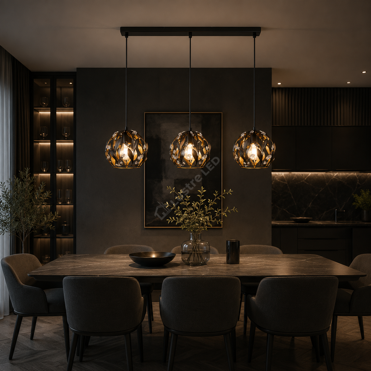 Lustra Suspendata Liniara FOGLIA Black&Gold 3xE14 65CM