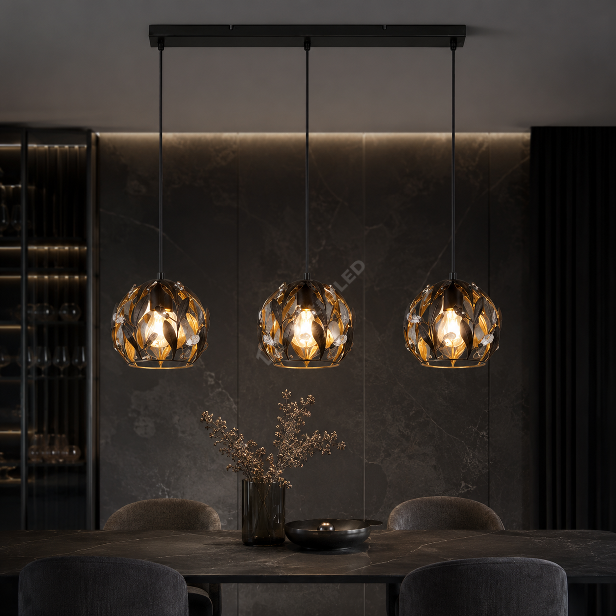 Lustra Suspendata Liniara FOGLIA Black&Gold 3xE14 65CM