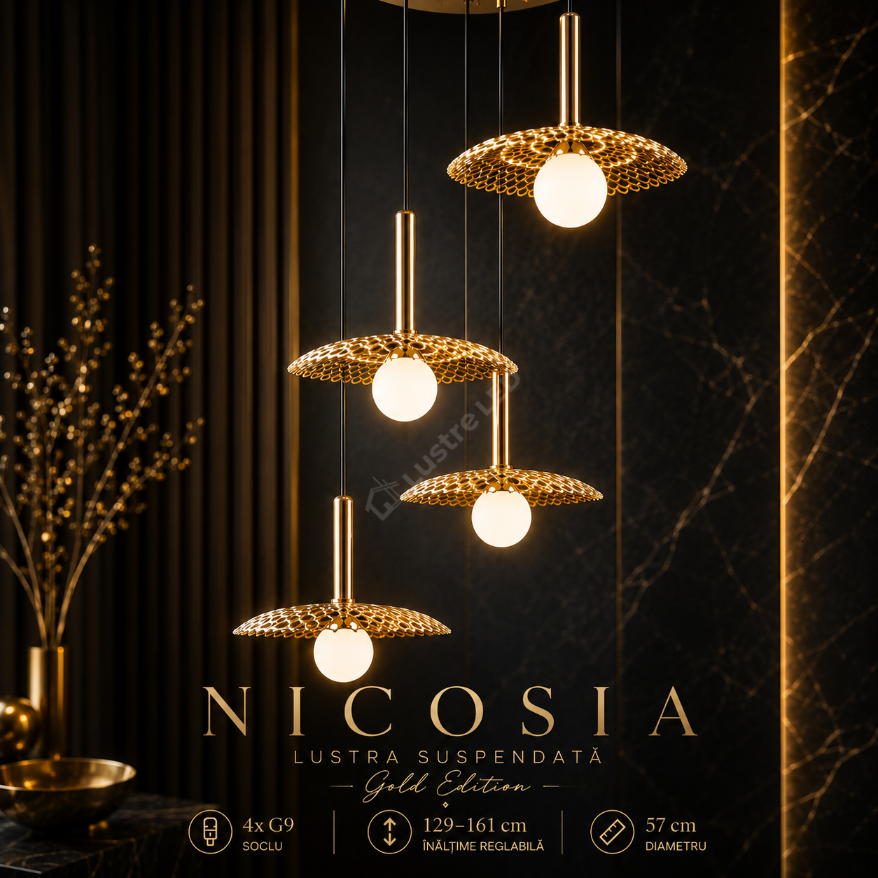 Lustra Suspendata NICOSIA Gold cu Abajur 4xG9 57CM