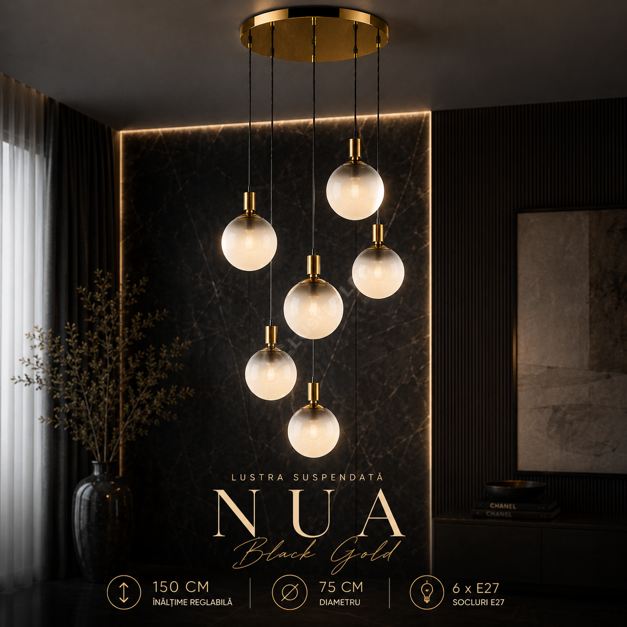 Lustra Suspendata NUA BLACK GOLD Abajur 6xE27 75CM