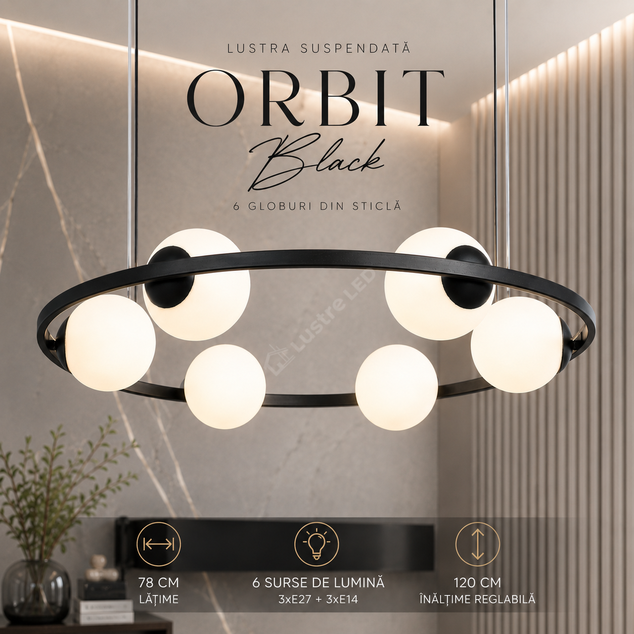Lustra Suspendata ORBIT Black cu Abajur 3xE27 3xE14 78CM