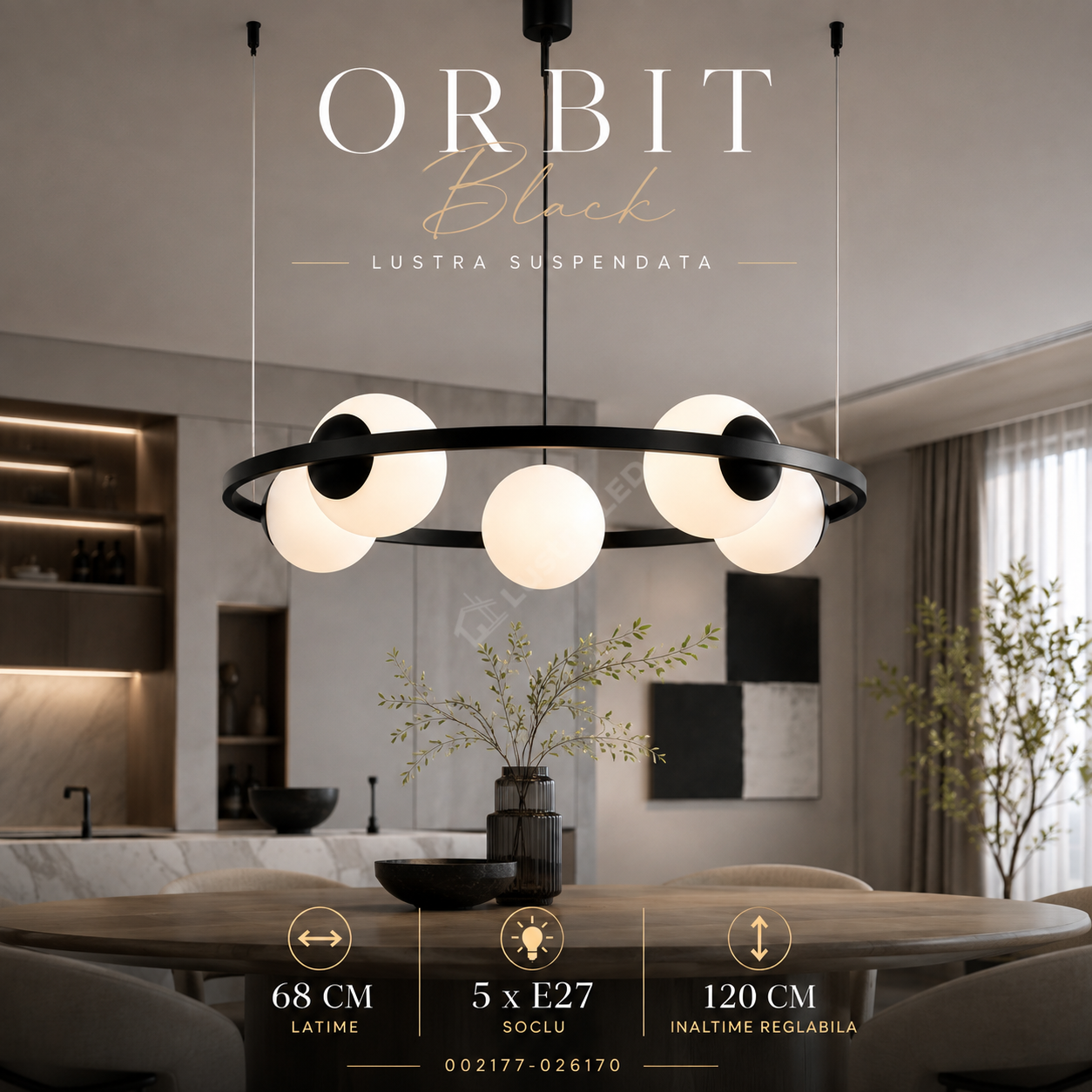 Lustra Suspendata ORBIT Black cu Abajur 5xE27 68CM