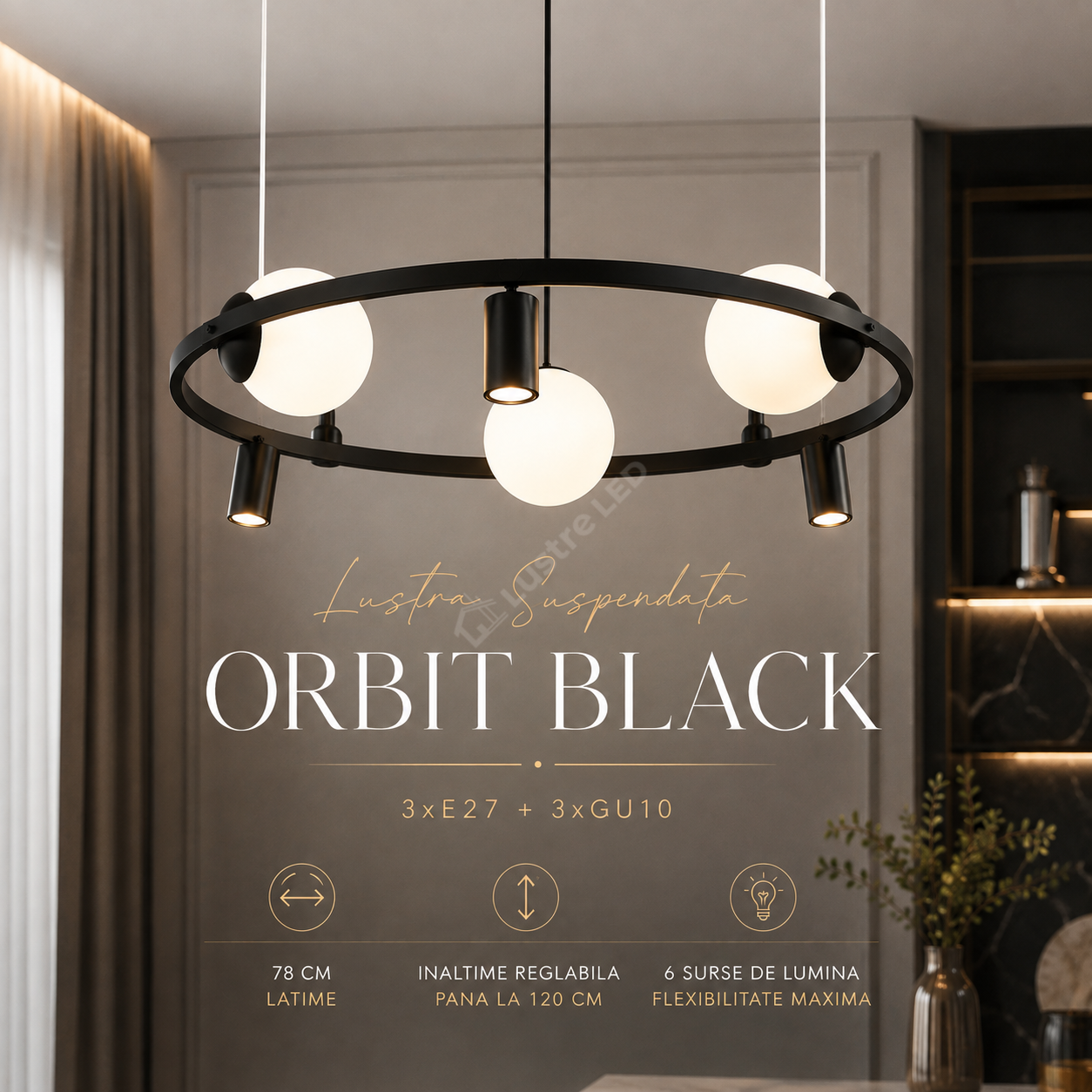 Lustra Suspendata ORBIT Black cu Abajur si Spoturi 3xE27 3xGU10 78CM