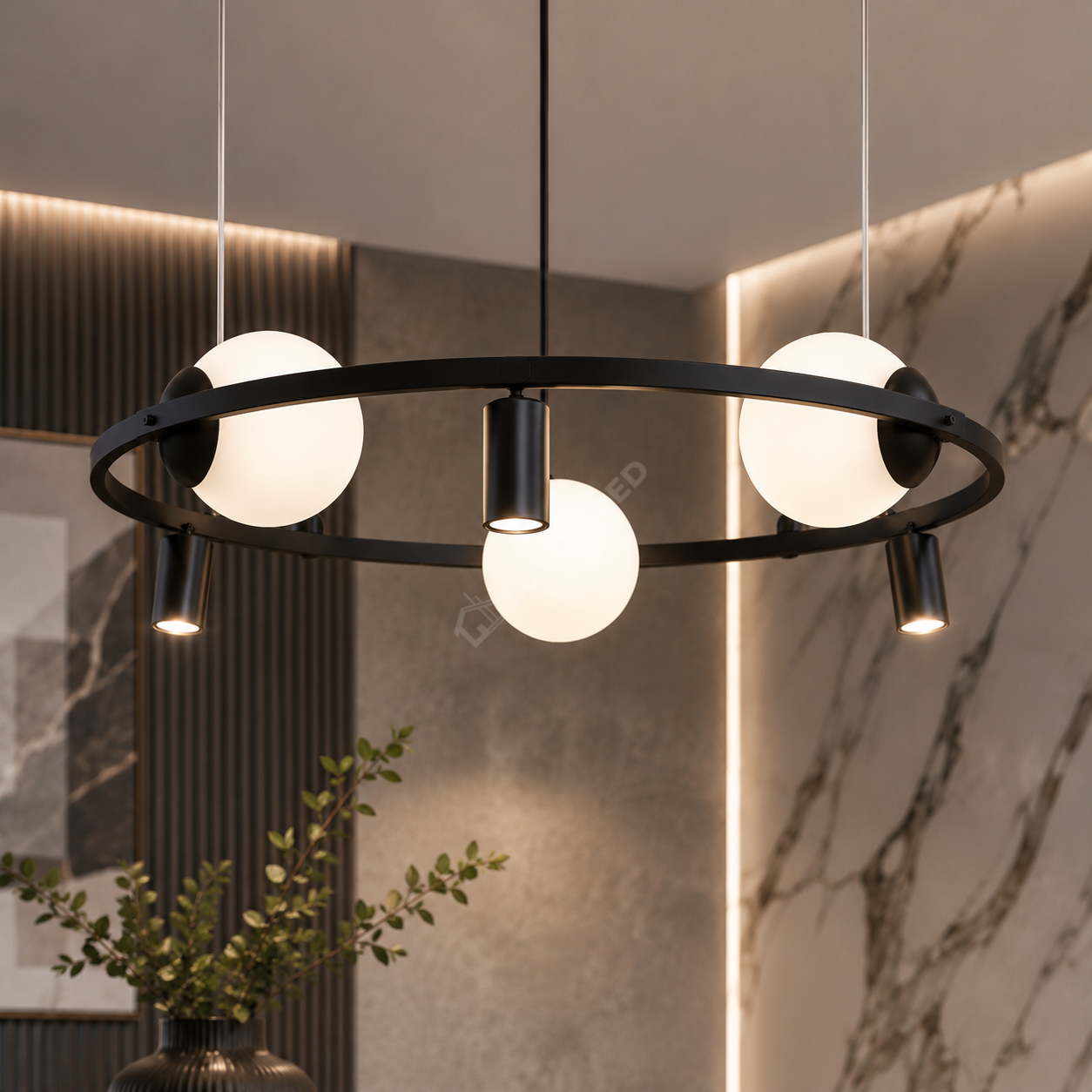 Lustra Suspendata ORBIT Black cu Abajur si Spoturi 3xE27 3xGU10 78CM