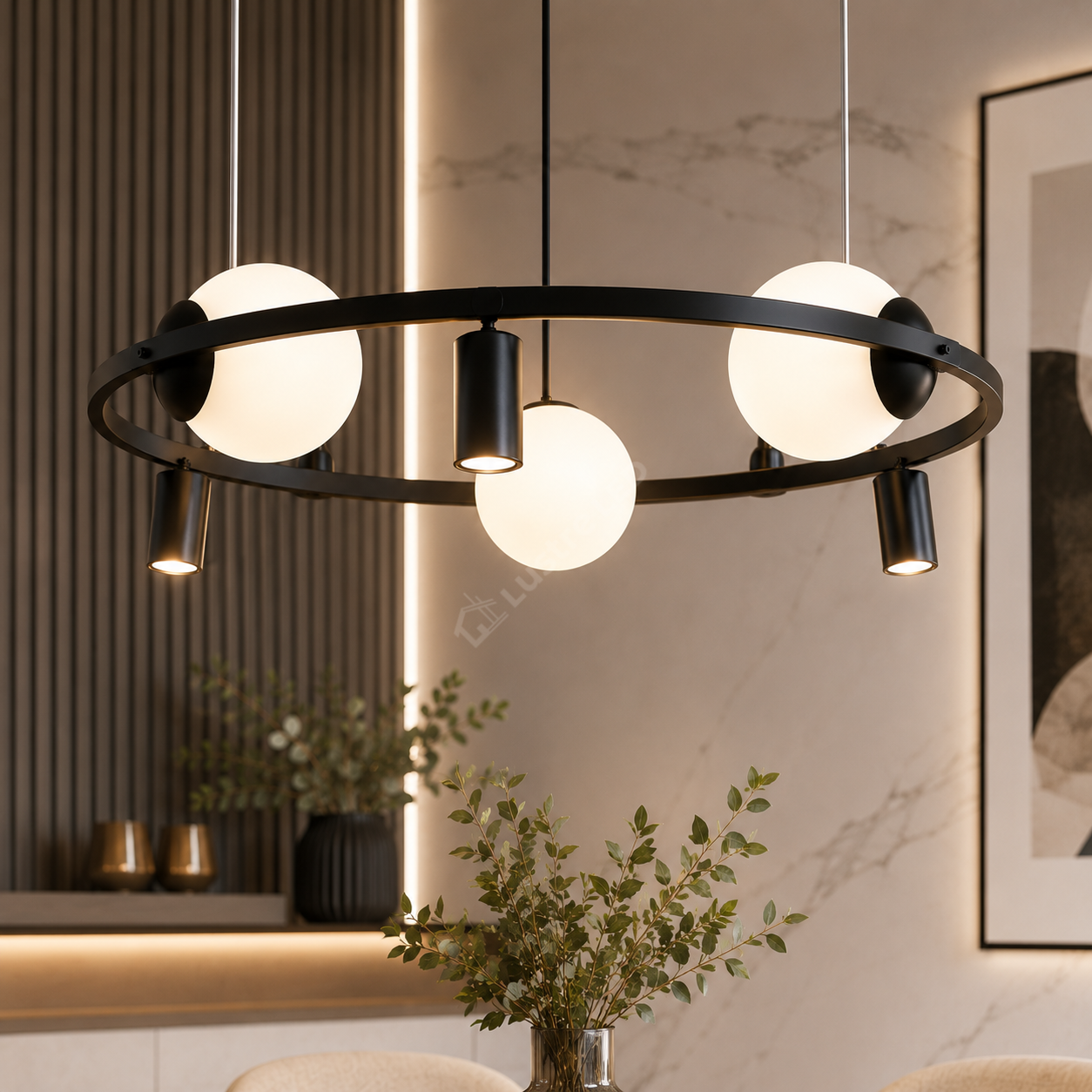 Lustra Suspendata ORBIT Black cu Abajur si Spoturi 3xE27 3xGU10 78CM