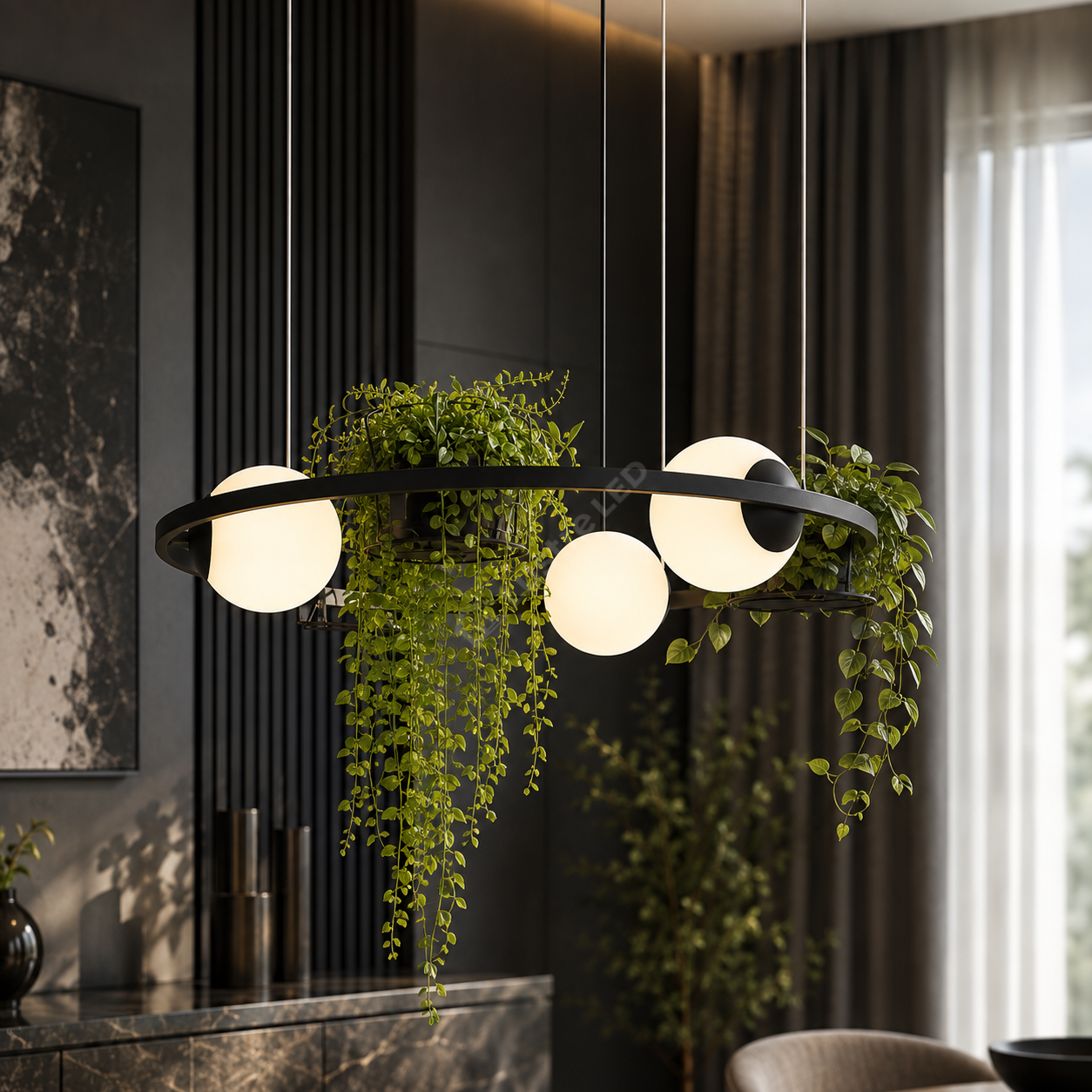 Lustra Suspendata PLANT Black Abajur si Suporturi Ghiveci 3xE27 78CM