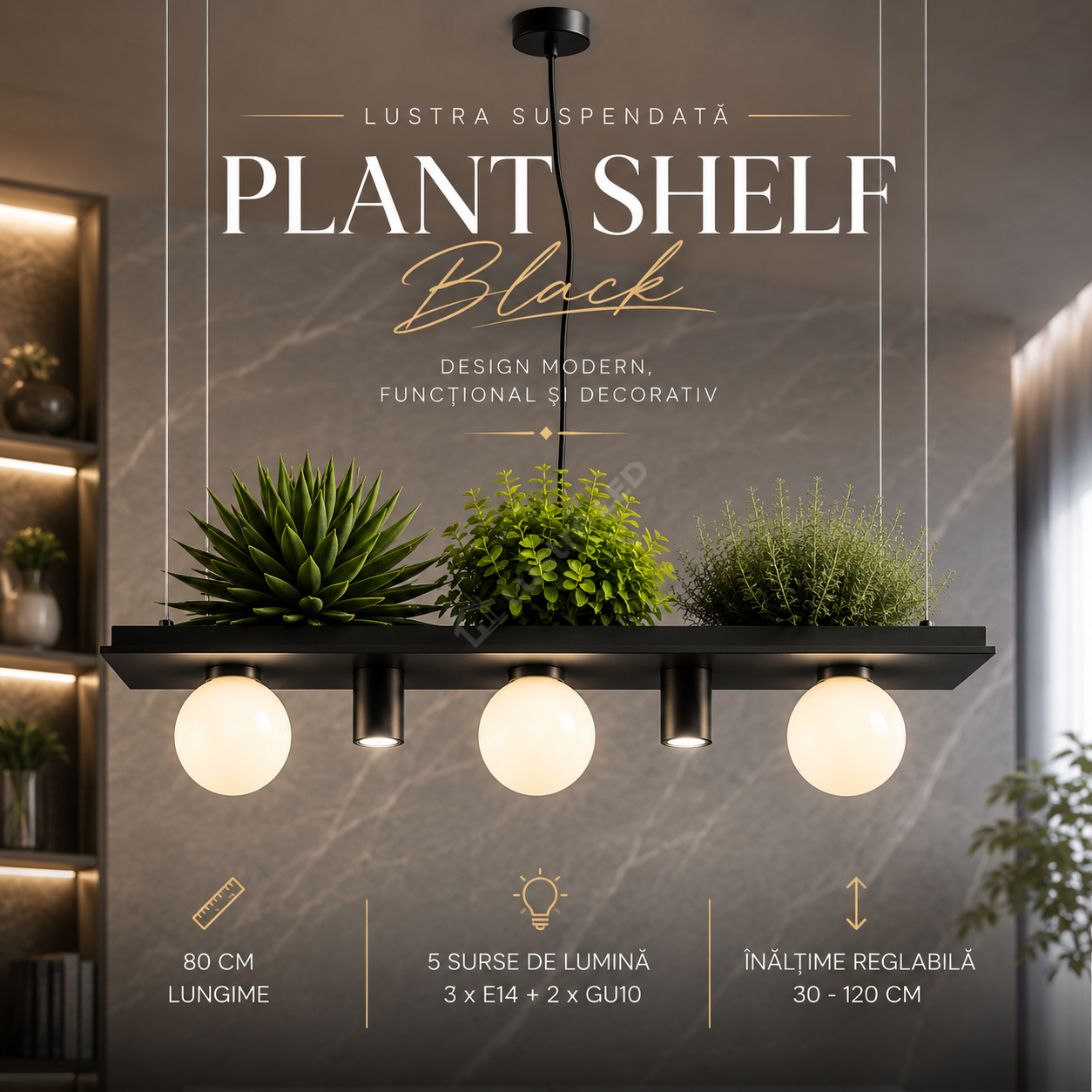 Lustra Suspendata PLANT SHELF Black Abajur 5xE14/GU10 80CM