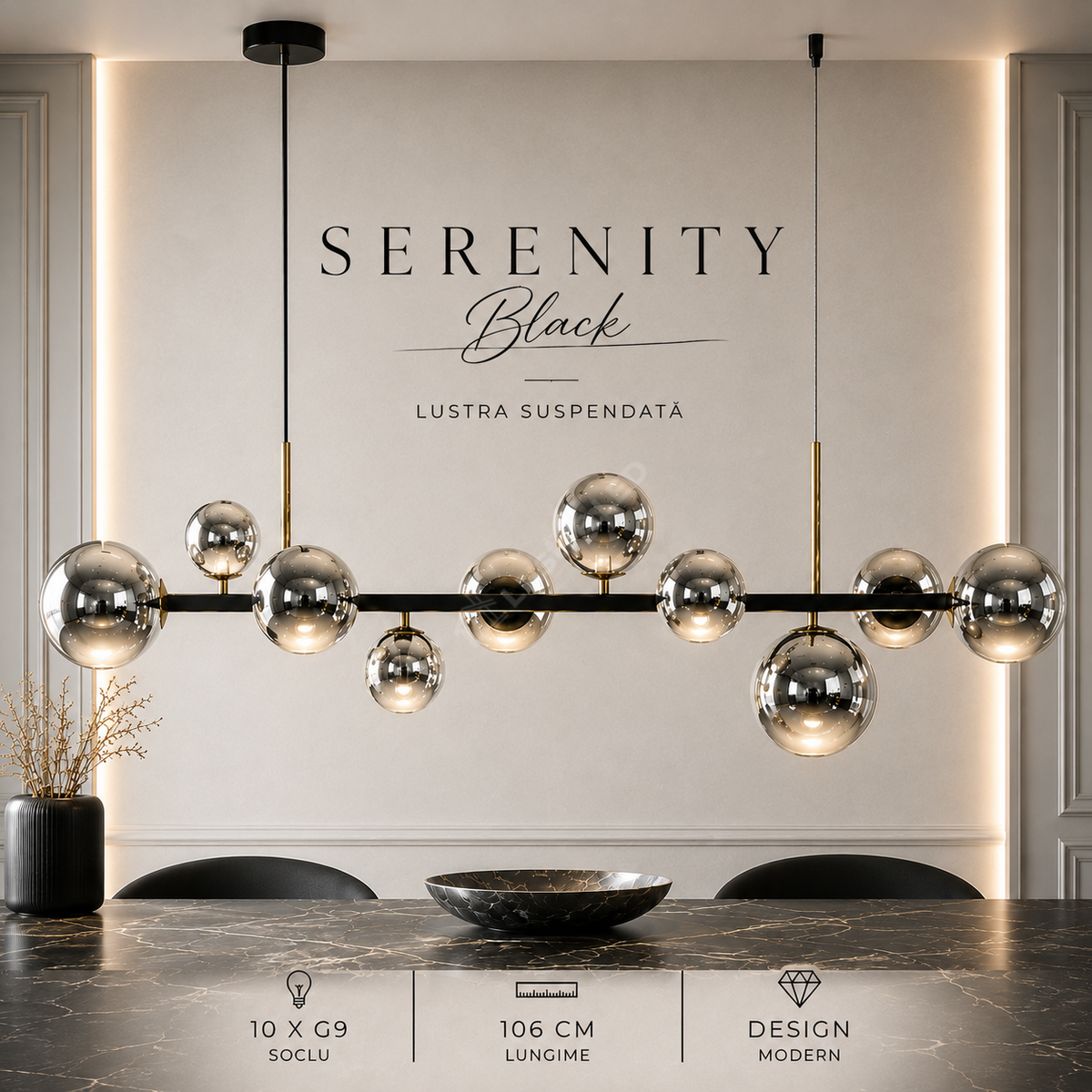 Lustra Suspendata SERENITY Black cu Abajur 10xG9 106CM