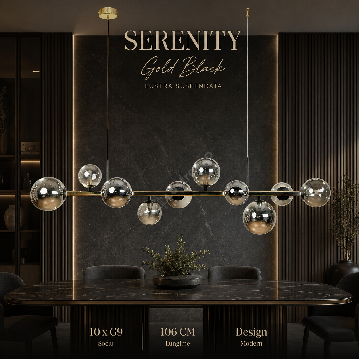 Lustra Suspendata SERENITY Gold Black cu Abajur 10xG9 106CM