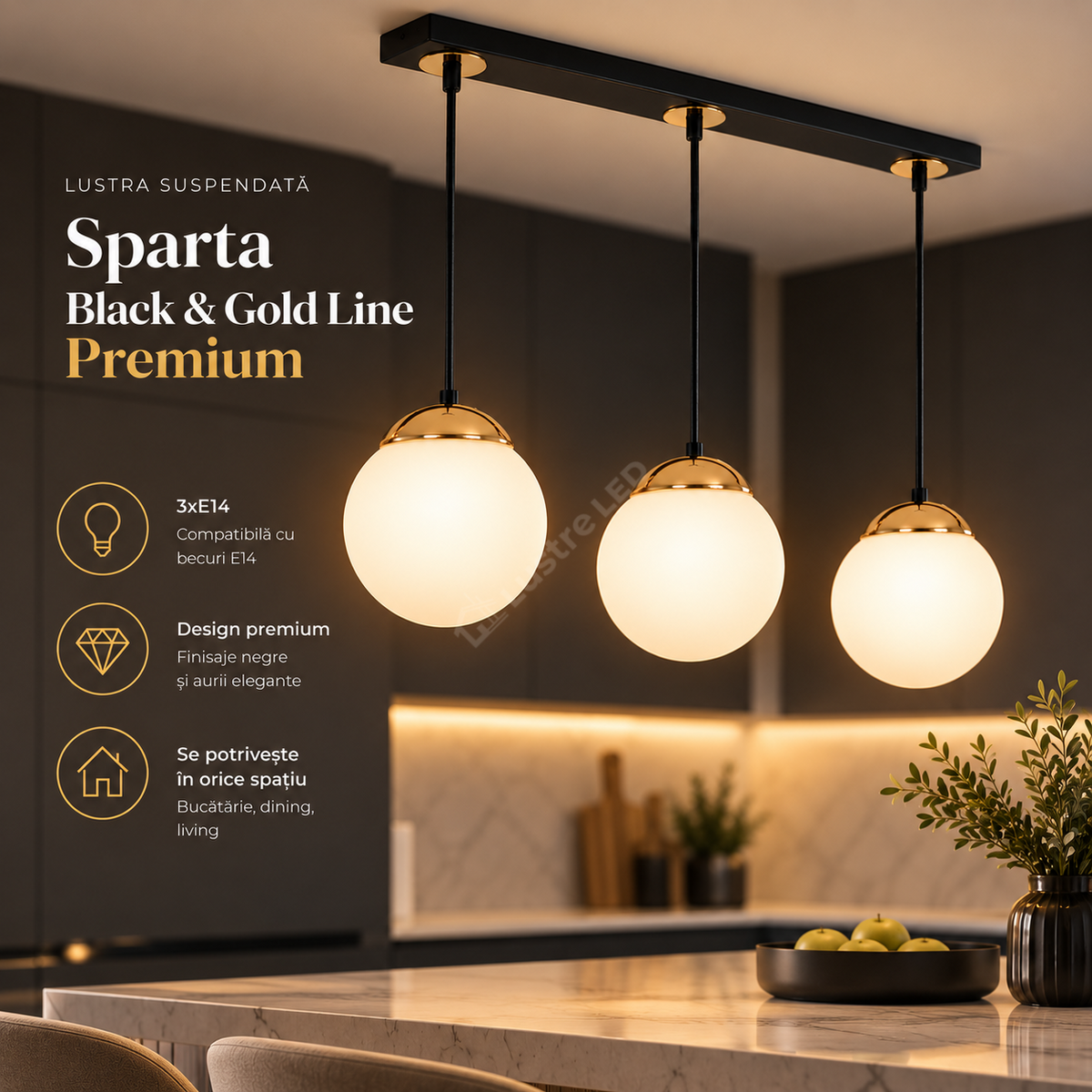 Lustra Suspendata Sparta Black & Gold Line Premium 3xE14