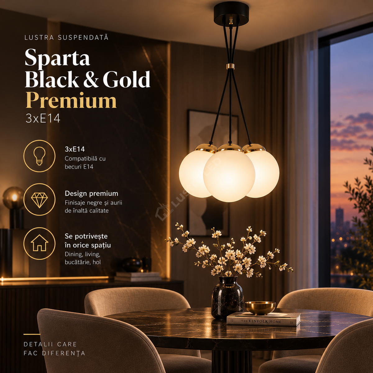 Lustra Suspendata Sparta Black & Gold Premium 3xE14