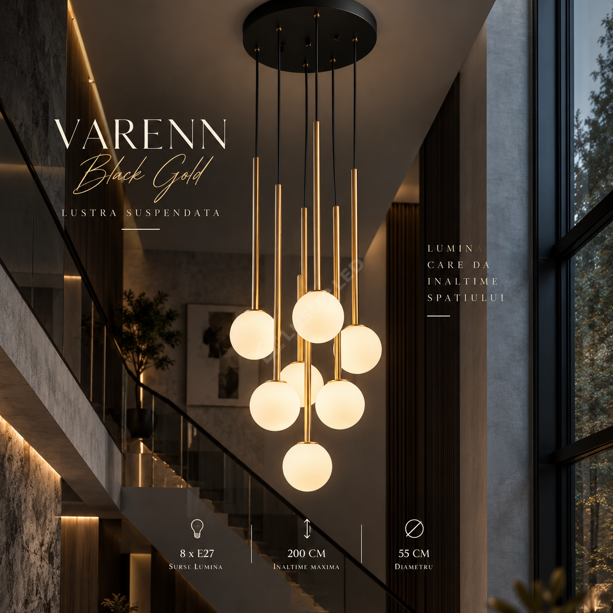 Lustra Suspendata VARENN Black Gold 8xE27 55CM