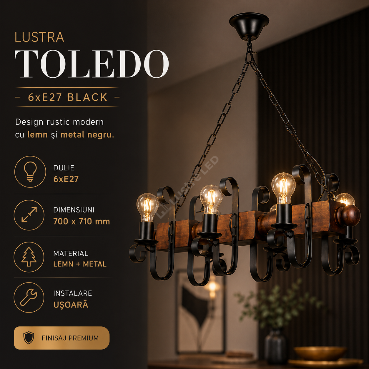 Lustra TOLEDO 6xE27 Black&Wood