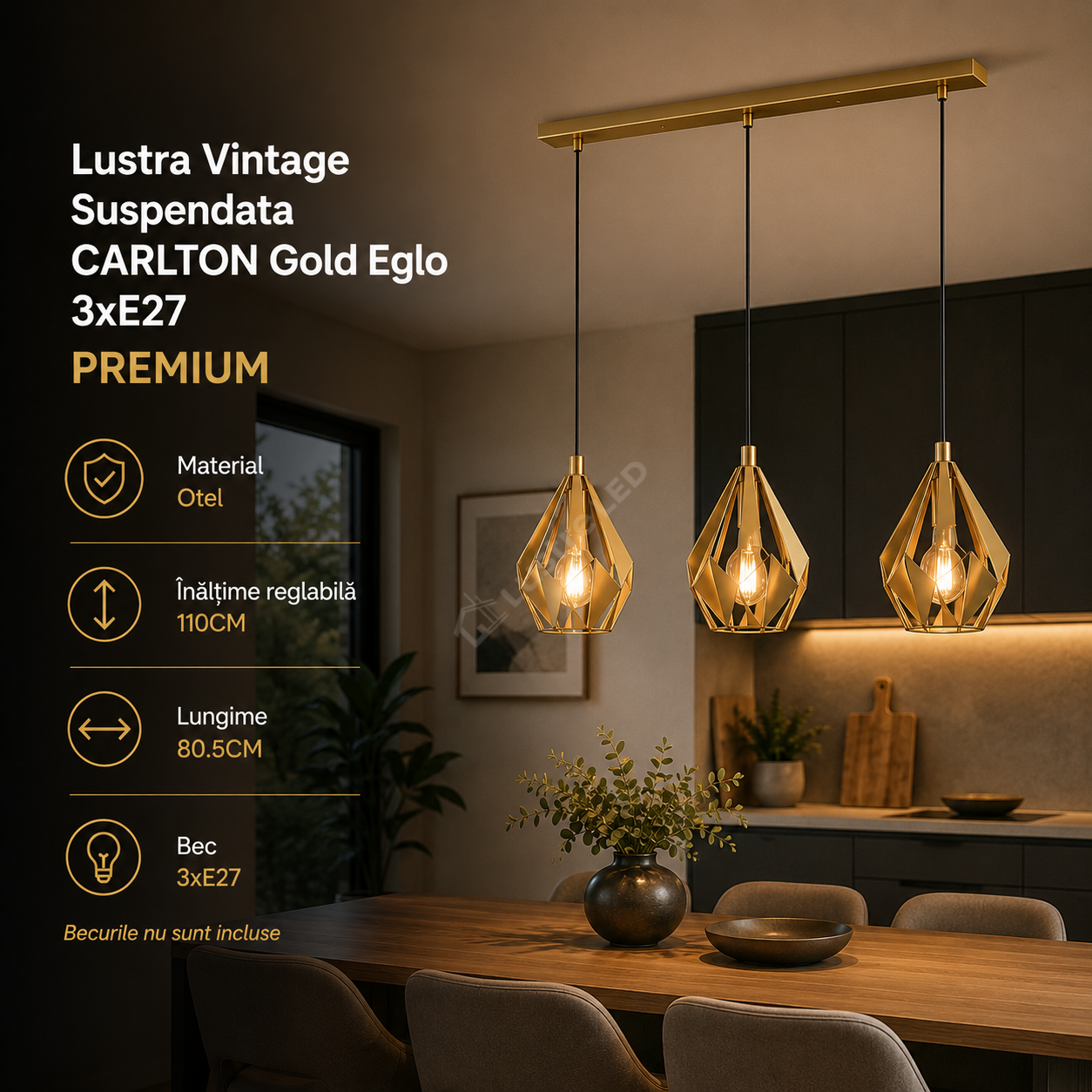 Lustra Vintage Suspendata CARLTON Gold Eglo 3xE27