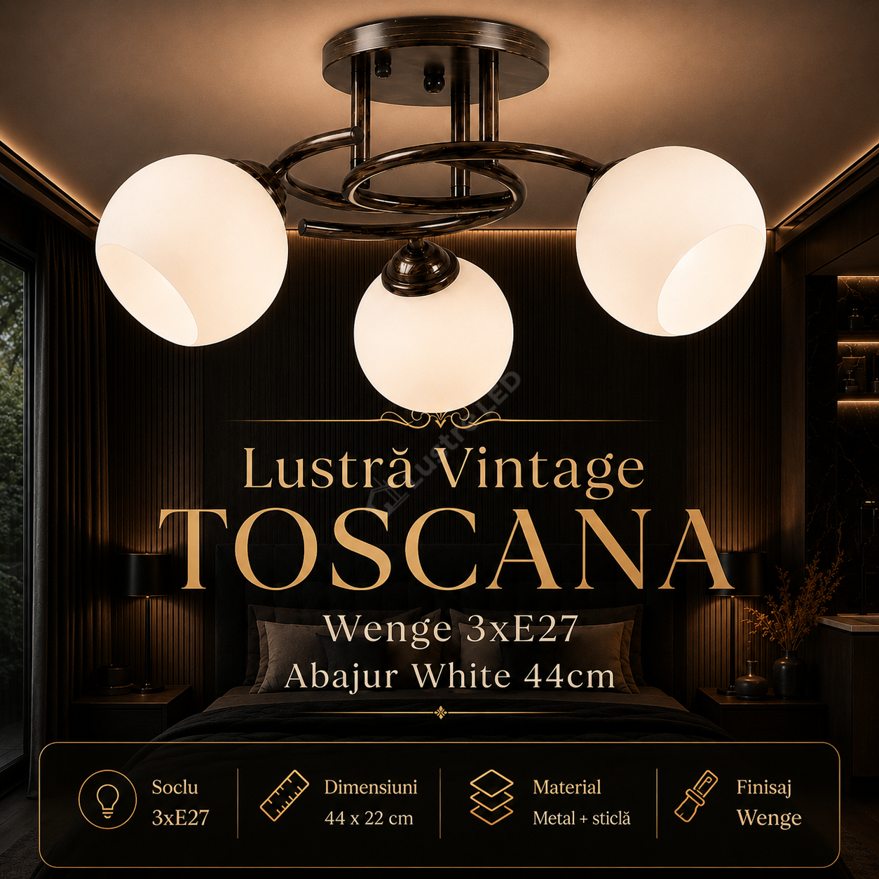 Lustra Vintage TOSCANA Wenge 3xE27 Abajur White 44cm