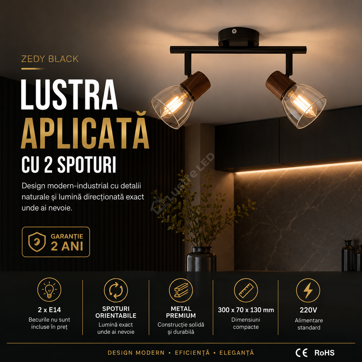 Lustra ZEDY Black cu 2 Spoturi