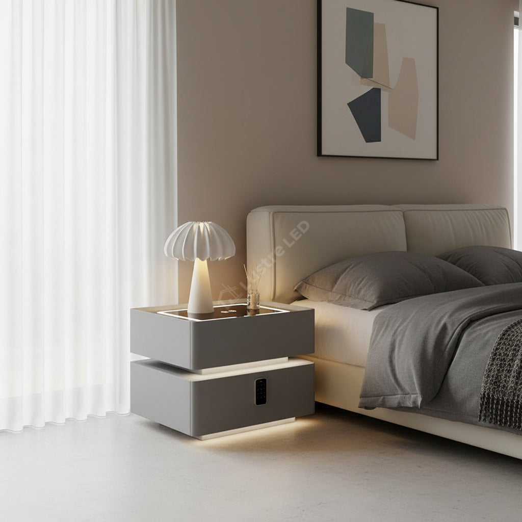 Noptiera Gri Smart cu Incarcare Wireless, Lumini, Amprenta, Boxa Bluetooth si Blocare cu Cod