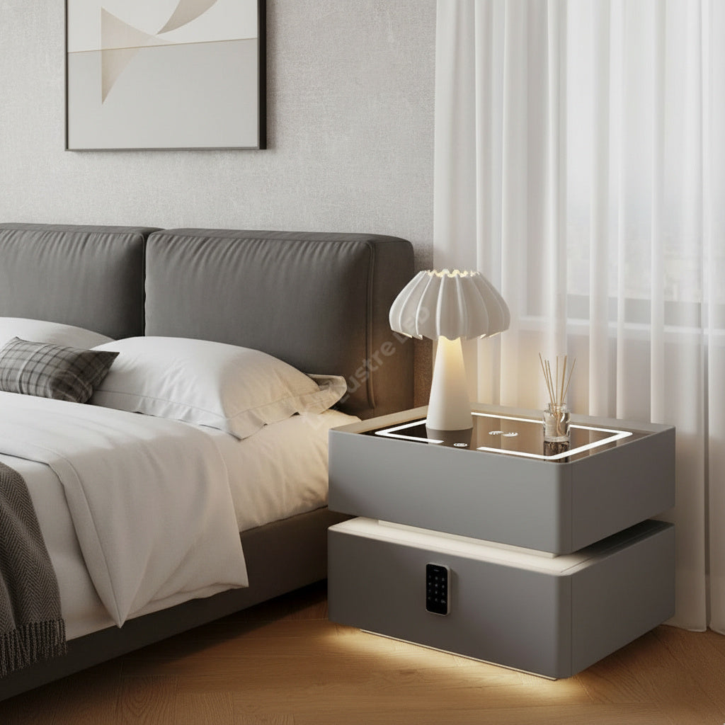 Noptiera Gri Smart cu Incarcare Wireless, Lumini, Amprenta, Boxa Bluetooth si Blocare cu Cod