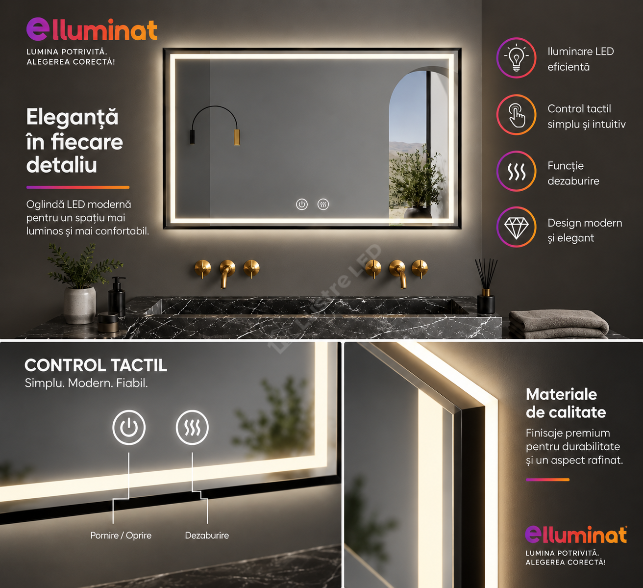 Oglinda LED 120x80cm cu Rama Neagra Functie Dezaburire, Touch J45