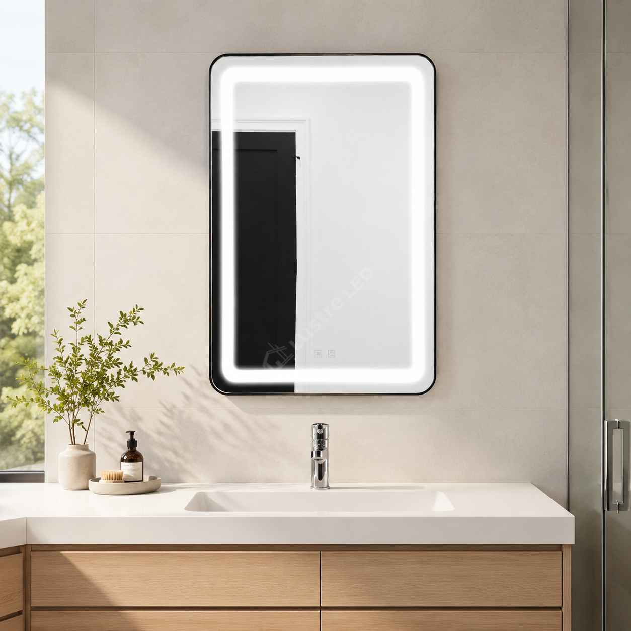 Oglinda LED 60x78cm Rama Neagra Dimabila 3 Lumini Dezaburire si Touch