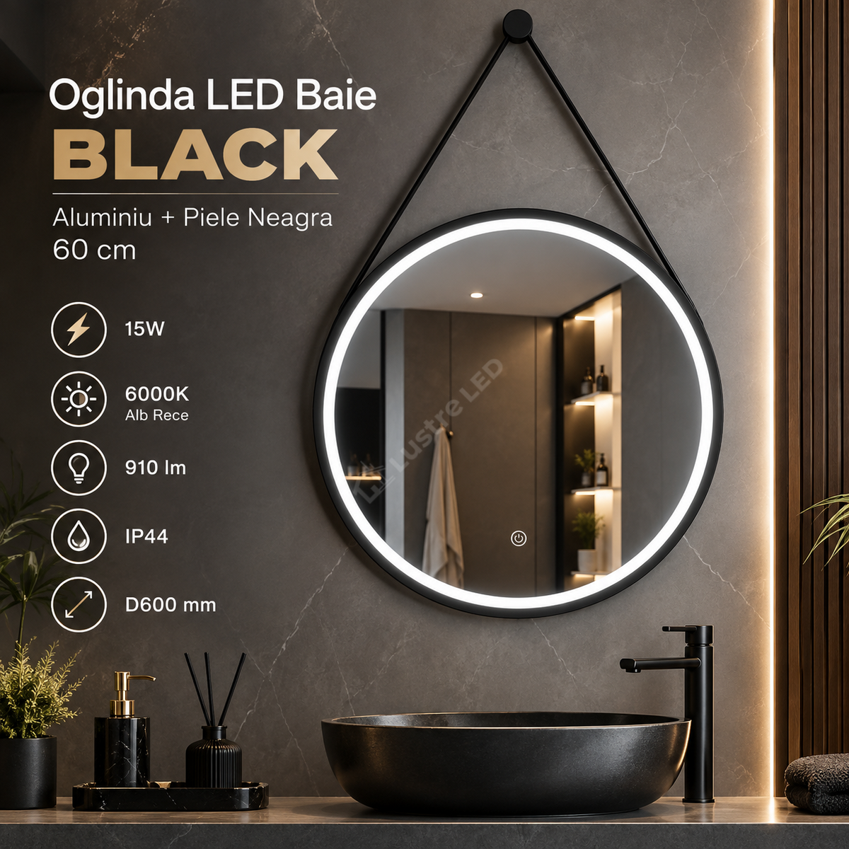 Oglinda LED Baie DEFOG Black Aluminiu 60cm + Curea Piele Neagra