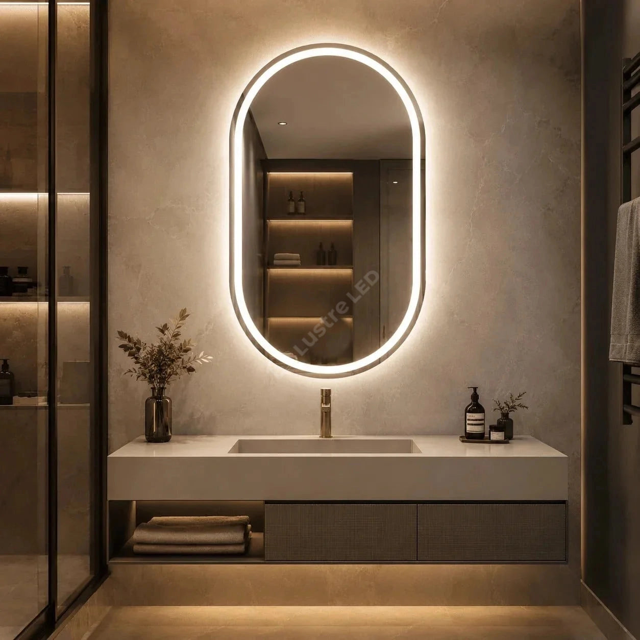 Oglinda LED Begor Oval Frameless 70x90CM 3 Lumini Dezaburire si Touch