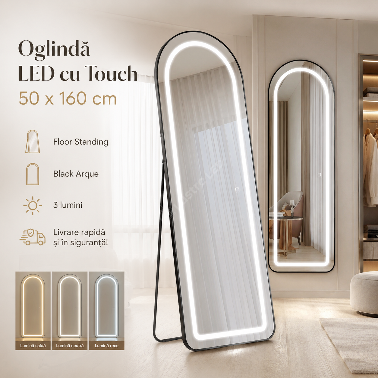 Oglinda LED cu Touch 50x160cm 3 Lumini Floor Standing Black Arque