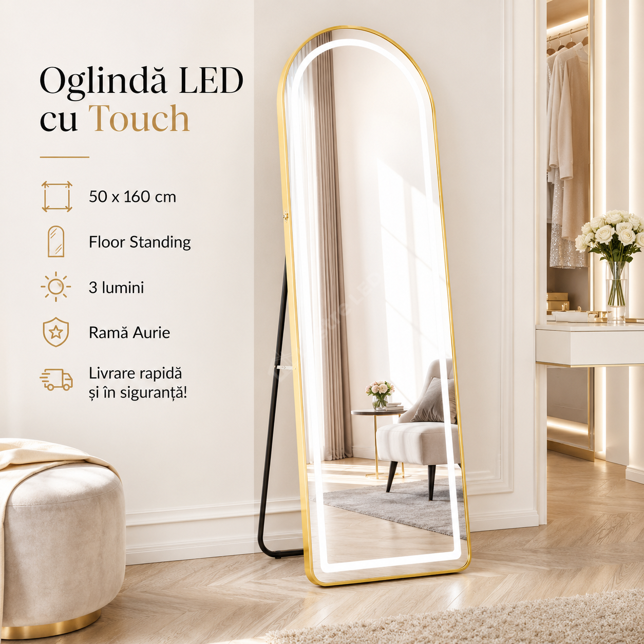 Oglinda LED cu Touch 50x160cm 3 Lumini Floor Standing Golden Arque