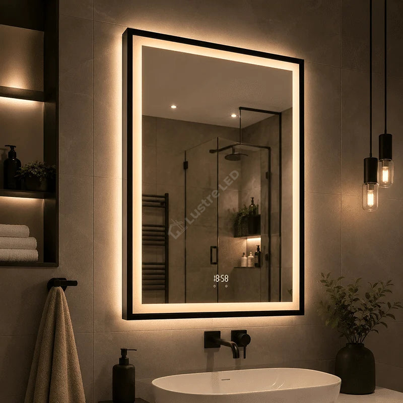 Oglinda LED Fero Rectangle Black 60x80CM 3 Lumini Dezaburire si Ceas