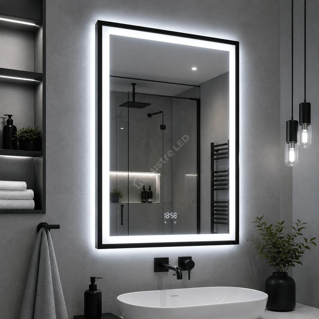 Oglinda LED Fero Rectangle Black 60x80CM 3 Lumini Dezaburire si Ceas