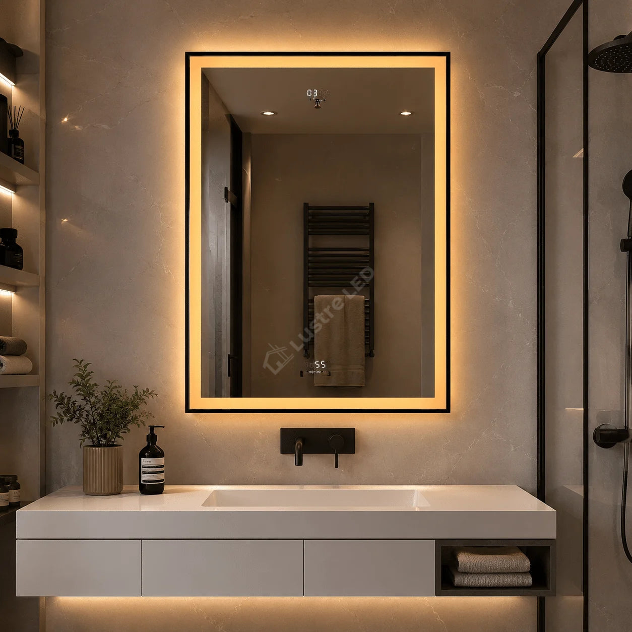 Oglinda LED Fero Rectangle Black 60x80CM 3 Lumini Dezaburire si Ceas