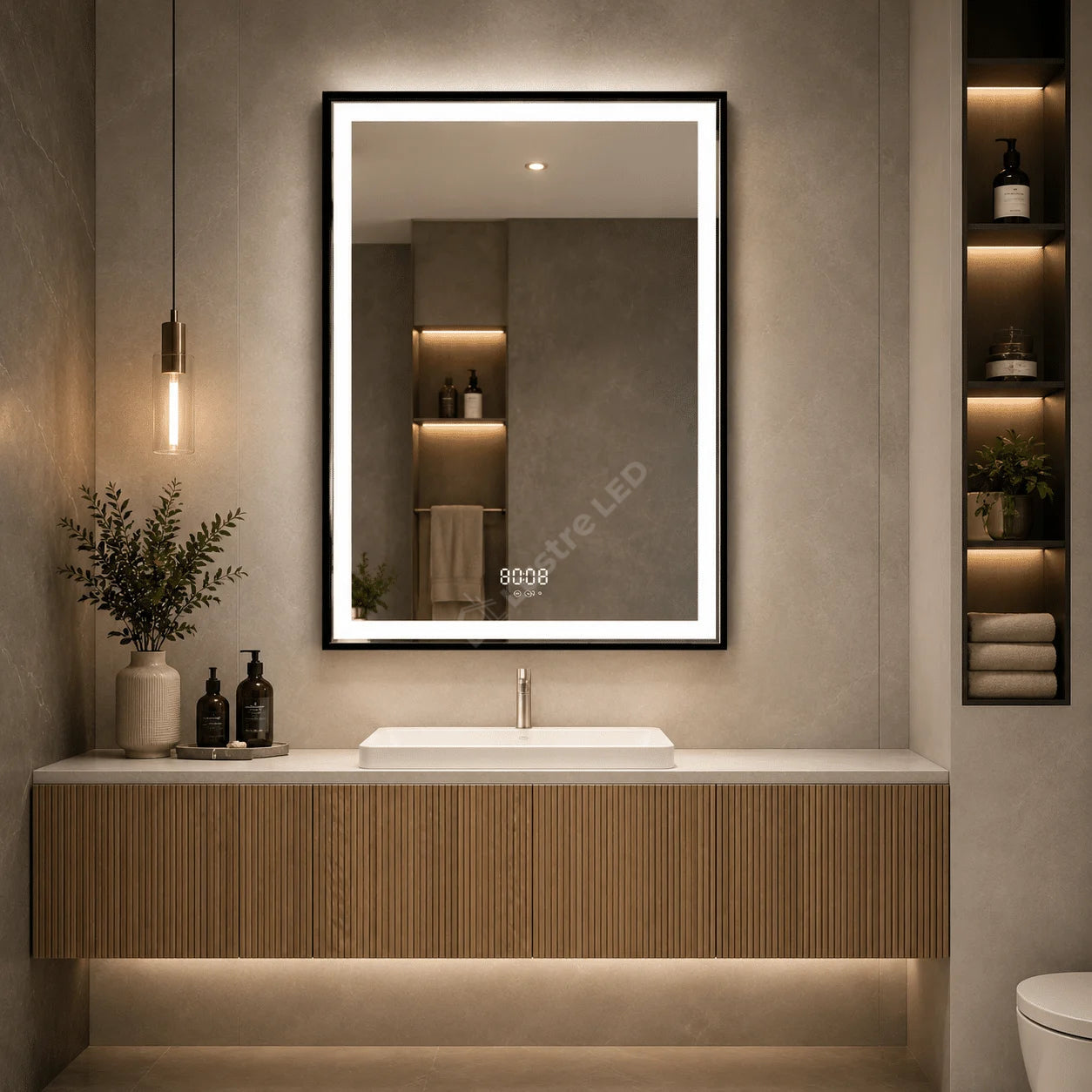 Oglinda LED Fero Rectangle Black 60x80CM 3 Lumini Dezaburire si Ceas