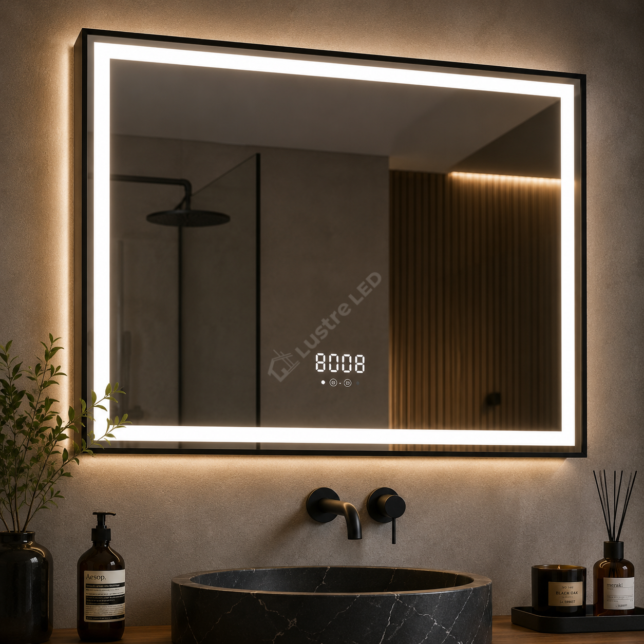 Oglinda LED Fero Rectangle Black 80x60CM 3 Lumini Dezaburire si Ceas
