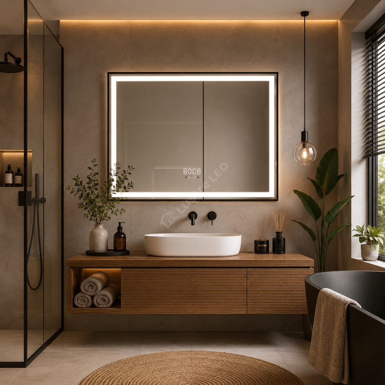Oglinda LED Fero Rectangle Black 80x60CM 3 Lumini Dezaburire si Ceas